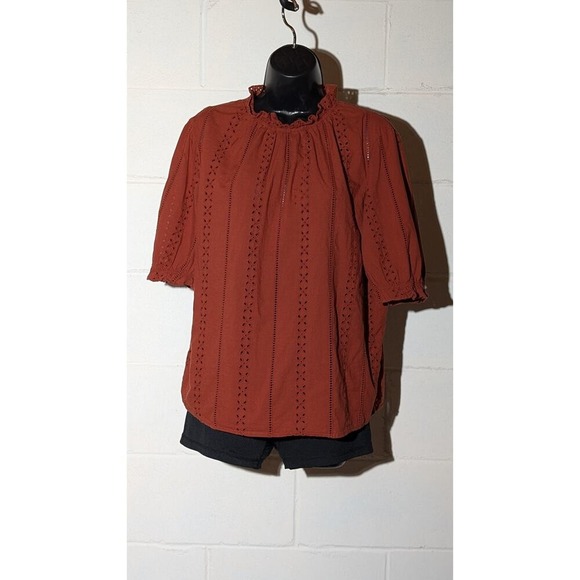 Universal Thread Eyelet Ruffle Neck Top Rust Brown Blouse Casual Large - Picture 1 of 5